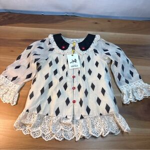 NEW Finding Foxtale Girls Blouse Top Sz 10 Lace Jester Checker Black Cream